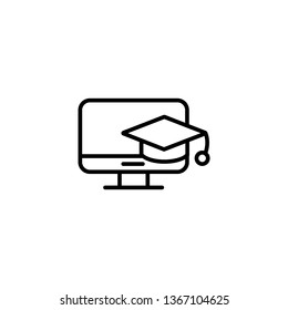 Education vector icon- education cap hanging on the monitor