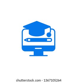 Education vector icon- education cap hanging on the monitor