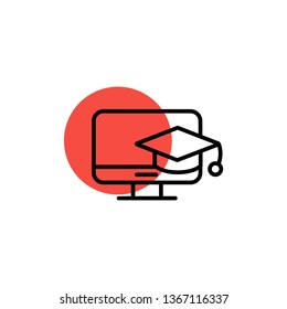 Education vector icon- education cap hanging on the monitor