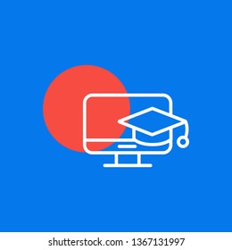 Education vector icon- education cap hanging on the monitor