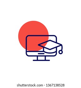 Education vector icon- education cap hanging on the monitor