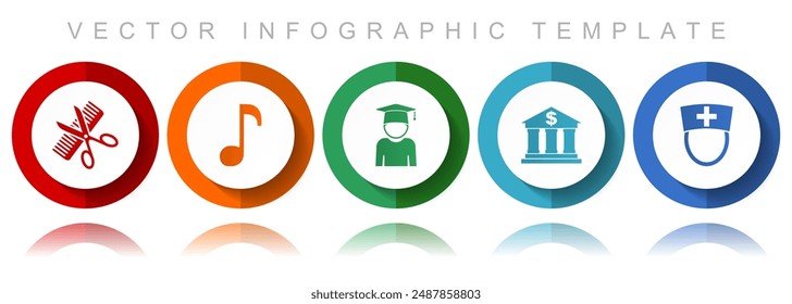 Education vector icon collection, miscellaneous icons such as barber shop, music, study, bank and doctor, flat design infographic template in eps 10