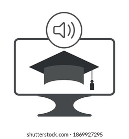 Icono del vector de educación con la placa de mortero en pantalla. Ilustración de la universidad de e-learning. Aprendizaje, capacitación en Internet, tecnología del conocimiento. 
