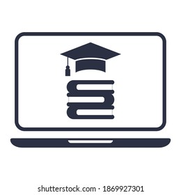 Education vector icon with mortar board and books on display. E-learning school university illustration. Learning, internet training, knowledge tech. 