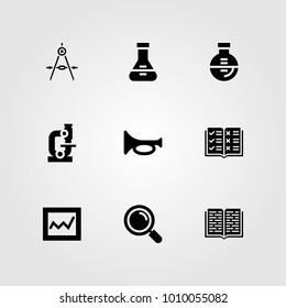 Education vector icon set. analytics, microscope, open book and loupe