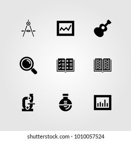 Education vector icon set. analytics, microscope, flask and loupe