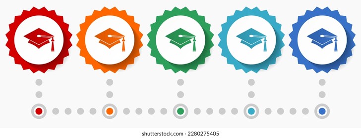 Education vector icon set, colorful infographic template, set of flat design badge icons in 5 color options