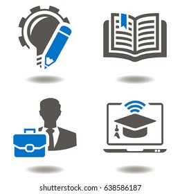 Education vector icon set. E-learning school university illustration. Learning, internet training, knowledge tech. Laptop WiFi Graduation cap, Book, Lightbulb Pencil Gear, Schoolboy Briefcase.