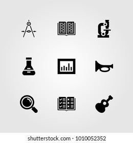 Education vector icon set. flask, open book, trumpet and guitar