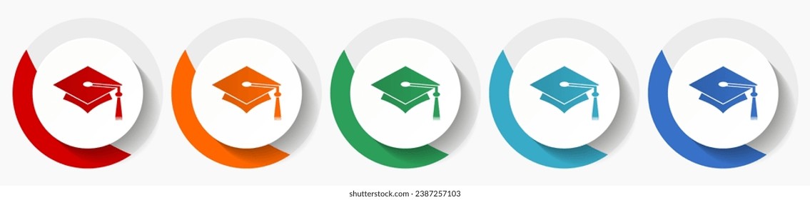 Education vector icon set, flat design colorful round icons in 5 color options for webdesign and mobile applications