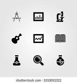 Education vector icon set. loupe, guitar, compass and flask