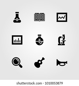 Education vector icon set. loupe, trumpet, microscope and analytics