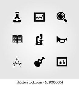 Education vector icon set. loupe, open book, guitar and trumpet
