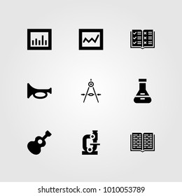 Education vector icon set. microscope, trumpet, compass and open book