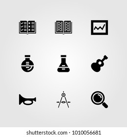Education vector icon set. open book, analytics, loupe and flask