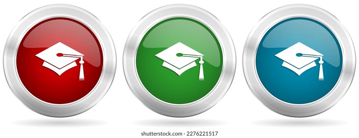 Education vector icon set. Red, blue and green silver metallic web buttons with chrome border