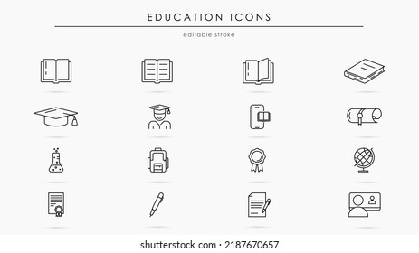 Education vector icon set. School and University linear symbol collection for studying and education