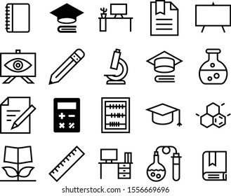 education vector icon set such as: worktable, educate, orange, increase, chalk, flower, count, beaker, enlarge, cover, library, style, abacus, app, simple, physics, growth, write, graphite, classroom