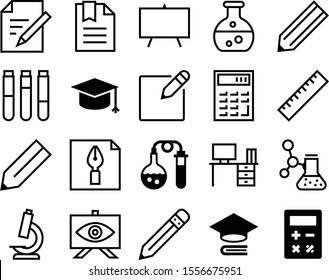 education vector icon set such as: glassware, website, chalk, interior, lineart, home, vision, measure, wisdom, empty, cartoon, knowledge, novel, desk, increase, drawer, guidebook, blank, ink, image