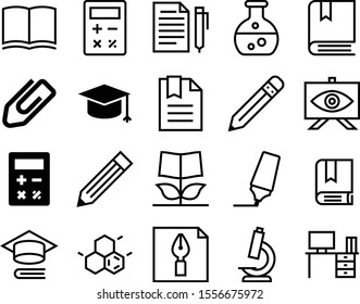 education vector icon set such as: idea, permanent, encyclopedia, experiment, cartoon, clinch, note, interior, workplace, notepad, highlight, printing, structure, educational, flower, development