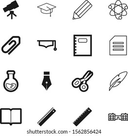 education vector icon set such as: magazine, diary, intelligence, tailor, notepad, observe, flask, educate, glass, discover, publish, discovery, stationery, information, power, paperclip, particle