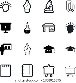 education vector icon set such as: smart, clinic, lens, blackboard, paperclip, chemical, contemporary, development, attachment, child, wooden, job, desk, art, image, experiment, flask, clip