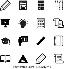 education vector icon set such as: training, count, learner, graduating, solution, classroom, blackboard, lesson, measurement, writer, mind, road, little, length, sheet, subject, notepad, pedestrian