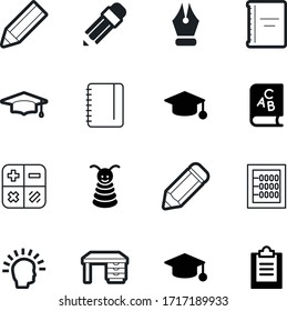 Symbol für die Vektorillustration im Bildungsbereich wie: Werkzeug, Finanz, Innovation, hell, Schreibtisch, Taschenrechner, menschliches Zeichen, Frage, Abacus, Technologie, Blatt, Zwischenablage, Nib, Form, smart, list, search, gehirn