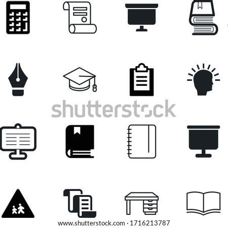 education vector icon set such as: notepad, academy, report, diary, fountain, detail, nib, educator, idea, science, traffic, digital, ink, classic, desk, warning, vintage, table, magazine, academic