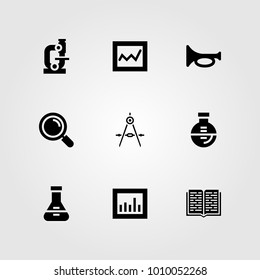 Education vector icon set. trumpet, analytics, open book and loupe