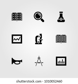 Education vector icon set. trumpet, microscope, flask and analytics