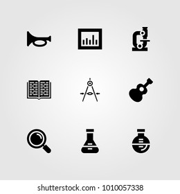 Education vector icon set. trumpet, compass, open book and flask