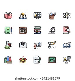 Education vector icons with flat line color style