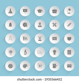 education vector icons on round puffy paper circles with transparent shadows on blue background. education stock vector icons for web, mobile and user interface design