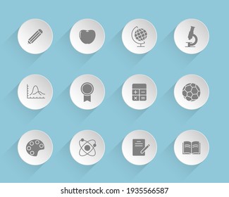 education vector icons on round puffy paper circles with transparent shadows on blue background. education stock vector icons for web, mobile and user interface design