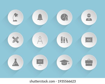 iconos de los vectores de educación en círculos de papel redondeados con sombras transparentes sobre fondo azul. iconos vectoriales de material educativo para diseño de interfaz web, móvil y de usuario
