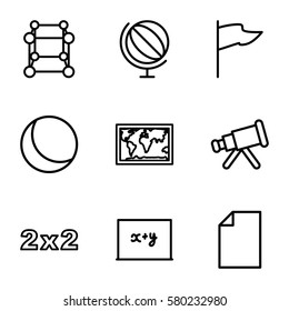 Education vector icons. Set of 9 Education outline icons such as globe, telescope, blackboard, world map, blackboard x+y, paper, cube, flag