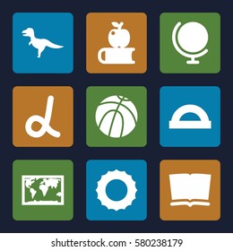 Education vector icons. Set of 9 Education filled icons such as book, globe, protractor, sun, basketball, world map, apple on book, alpha
