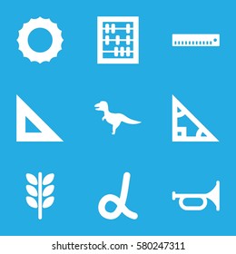 Education vector icons. Set of 9 Education filled icons such as ruler, sun, abacus, triangle, alpha, trumpet, wheat