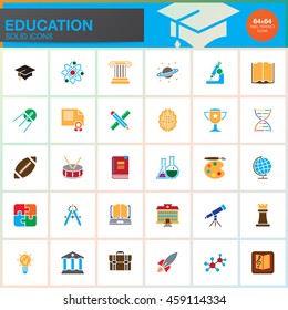 Education vector icons set, colorful  solid symbol collection, school pictogram pack isolated on white, pixel perfect logo illustration