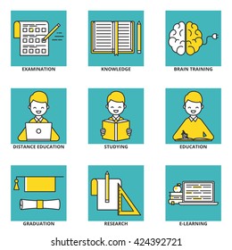 Education vector icons set: examination, knowledge, brain training, distance education, studying, education, graduation, research, e-learning. Modern line style