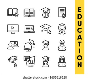 Education vector icons set for internet and online education, e-learning resources, distant online courses, colleges, academies universities and schools. Line art minimalist style. Black color. - Shutterstock ID 1655619520