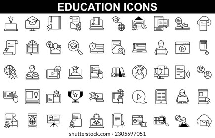 Education vector icons set for internet and online education, e-learning resources, distant online courses, colleges, academies universities and schools. Line art minimalist style. Black color.