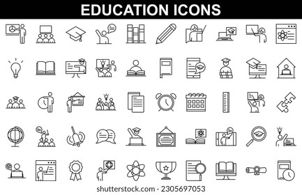 Education vector icons set for internet and online education, e-learning resources, distant online courses, colleges, academies universities and schools. Line art minimalist style. Black color.