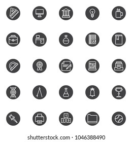 Education vector icons set, modern solid symbol collection, filled style pictogram pack. Signs, logo illustration. Set includes icons as triangle ruler, computer monitor, bank building, light bulb