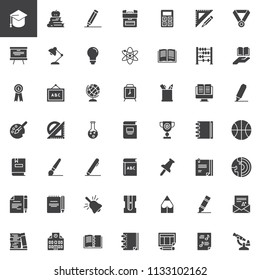 Education vector icons set, modern solid symbol collection, filled style pictogram pack. Signs, logo illustration. Set includes icons as Graduation cap, Apple with book, School bag, Pencil, Whiteboard