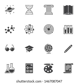 Education vector icons set, modern solid symbol collection, filled style pictogram pack. Signs, logo illustration. Set includes icons as DNA molecule, test tubes, atom, calculator, earth globe, planet