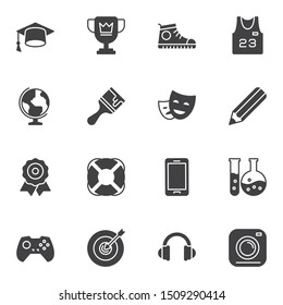 Education vector icons set, modern solid symbol collection, filled style pictogram pack. Signs, logo illustration. Set includes icons as graduate hat, globe, chemical flask, painting brush, medal 