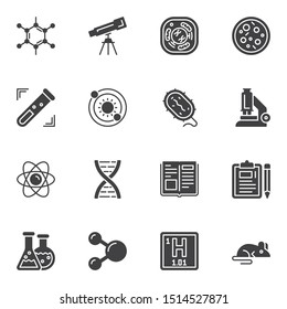 Education vector icons set, modern solid symbol collection, filled style pictogram pack. Signs, logo illustration. Set includes icons as chemistry, bacteria, microscope, dna structure, book, molecule
