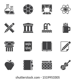 Education vector icons set, modern solid symbol collection, filled style pictogram pack. Signs, logo illustration. Set includes icons as chemistry, sport, physics, architecture, theater art, book
